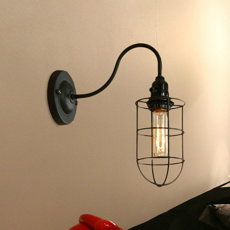 Frendorf | Metallische Oval-/Tröpfchen-/Glühbirnen-Wandleuchte mit Drahtschutz Industrie 1 Licht Balkon Wandleuchte montiert in Schwarz