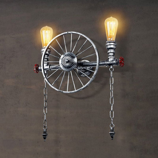 Frendorf | 1/2-Head Bare Bulb Wandmontage Licht Industrieller Stil Silber/Bronze/Antik Messing Schmiedeeisen Wandbeleuchtung mit Raddekoration