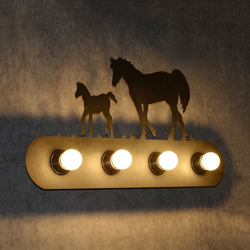 Frendorf | Lodge Open Bulb Wandlamp met Elkhert/Paard/Schaap/Berg/Windmolen/Boom Ontwerp 4 Gloeilampen Metalen Wandlamp in Zwart voor Binnen