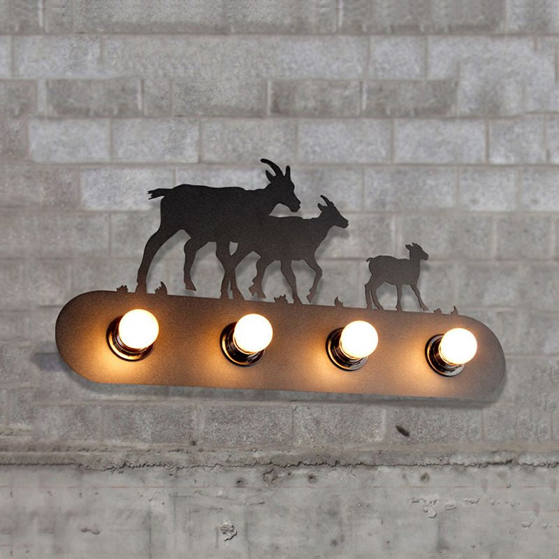 Frendorf | Lodge Open Bulb Wandlamp met Elkhert/Paard/Schaap/Berg/Windmolen/Boom Ontwerp 4 Gloeilampen Metalen Wandlamp in Zwart voor Binnen