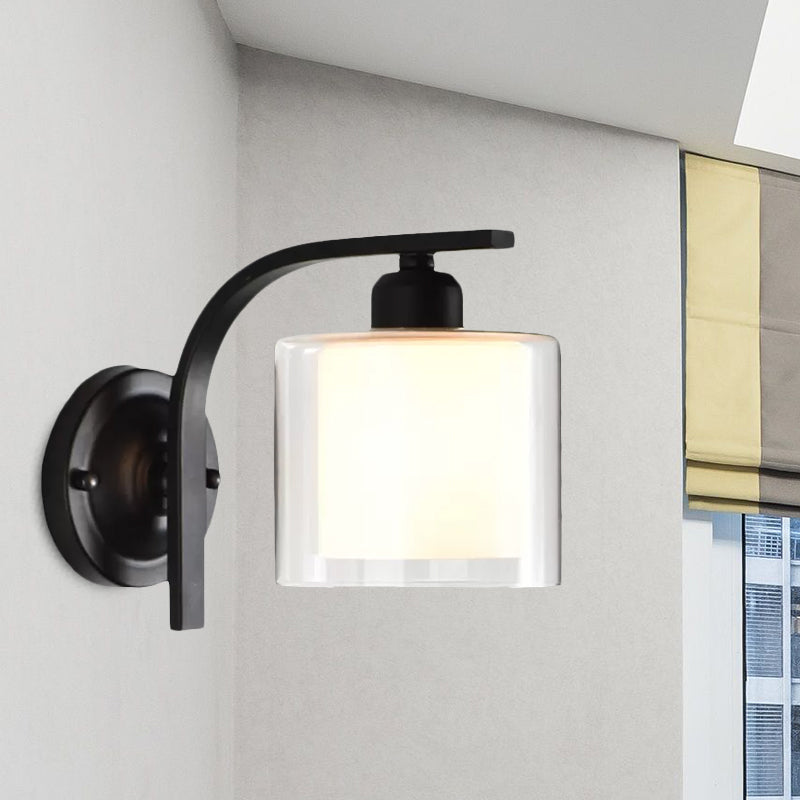 Frendorf | Inner Cylinder Klarglas Wandlamp Industrieel Enkele Bulb Slaapkamer Wandlicht met Gebogen Arm in Zwart