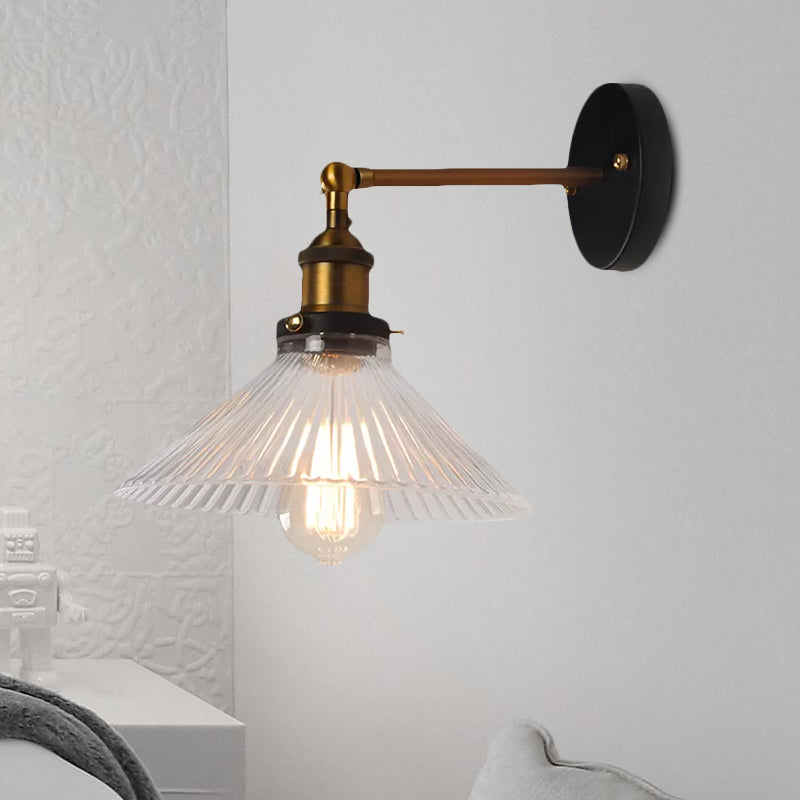 Frendorf | Klar Ribbed Glas Cone/Blumen Wandlampe Industriell 1 Licht Wohnzimmer Beleuchtung Fixture in Messing Für Esszimmer