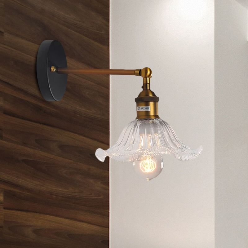 Frendorf | Klar Ribbed Glas Cone/Blumen Wandlampe Industriell 1 Licht Wohnzimmer Beleuchtung Fixture in Messing Für Esszimmer