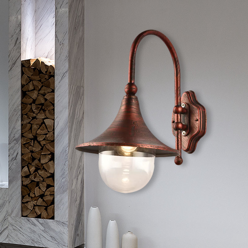 Frendorf | Geflarete Schirm Metall Wandleuchte Industrie 1 Licht Balkon Wandmontage Licht mit klarem Glaskuppel in Schwarz/Rost Finish