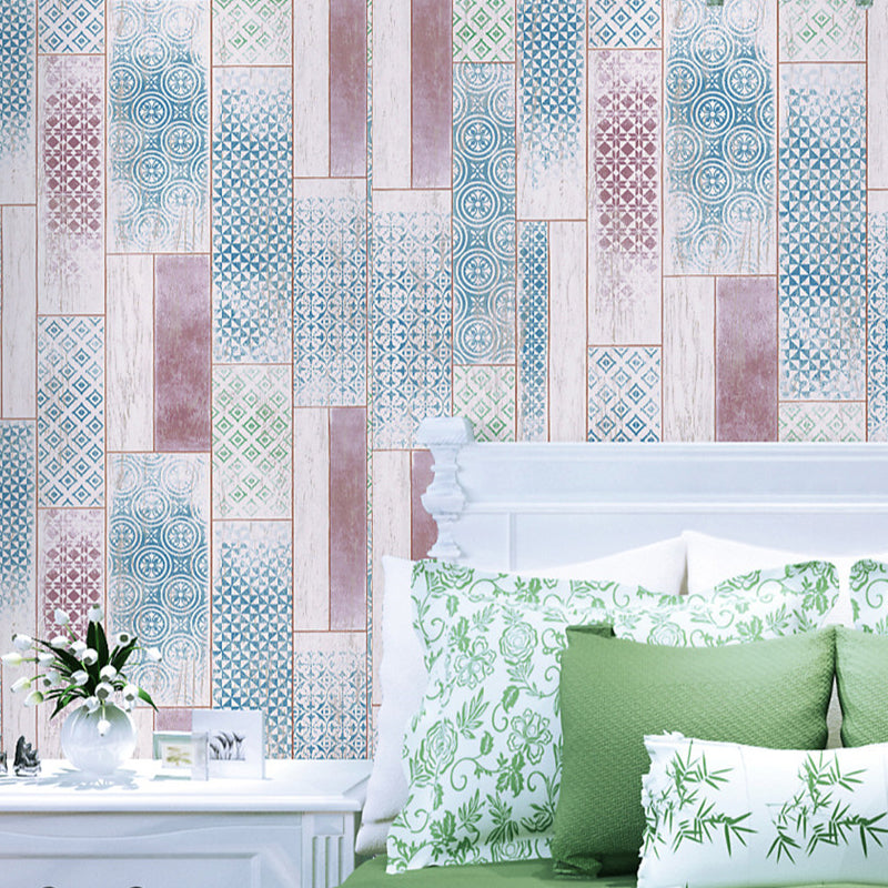 Geometrisch gemusterte Holz Tapete Bohemian Stil Glatte Wanddekoration in Blau für Zuhause