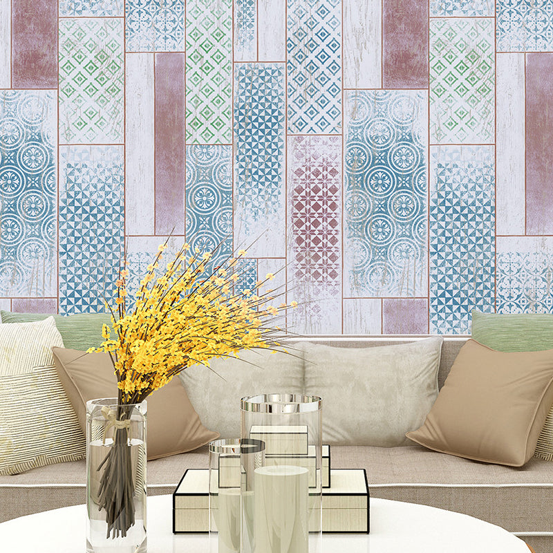Geometrisch gemusterte Holz Tapete Bohemian Stil Glatte Wanddekoration in Blau für Zuhause