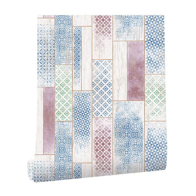 Geometrisch gemusterte Holz Tapete Bohemian Stil Glatte Wanddekoration in Blau für Zuhause