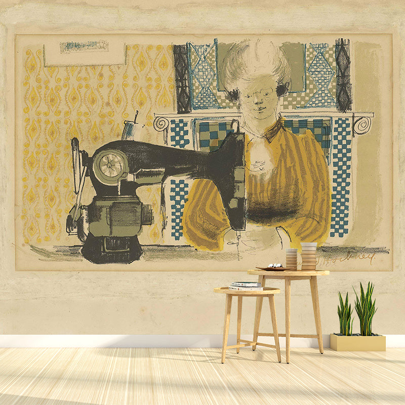 Frendorf | Pastel Kleur Art Deco Muurschilderingen Volledige Afmeting Vrouw met Naaimachine Tekening Wandbekleding voor Thuis