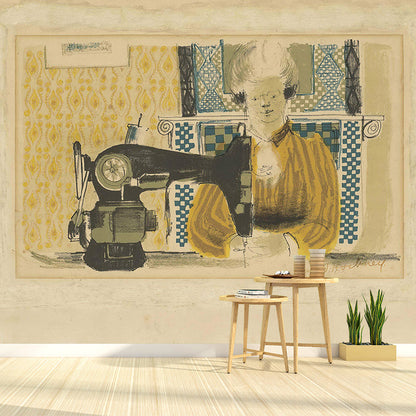 Frendorf | Pastel Kleur Art Deco Muurschilderingen Volledige Afmeting Vrouw met Naaimachine Tekening Wandbekleding voor Thuis