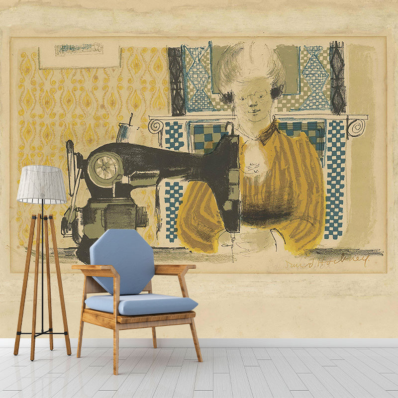 Frendorf | Pastel Kleur Art Deco Muurschilderingen Volledige Afmeting Vrouw met Naaimachine Tekening Wandbekleding voor Thuis
