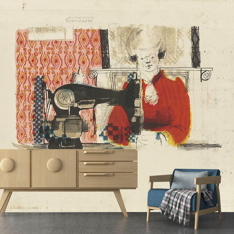 Frendorf | Pastel Kleur Art Deco Muurschilderingen Volledige Afmeting Vrouw met Naaimachine Tekening Wandbekleding voor Thuis