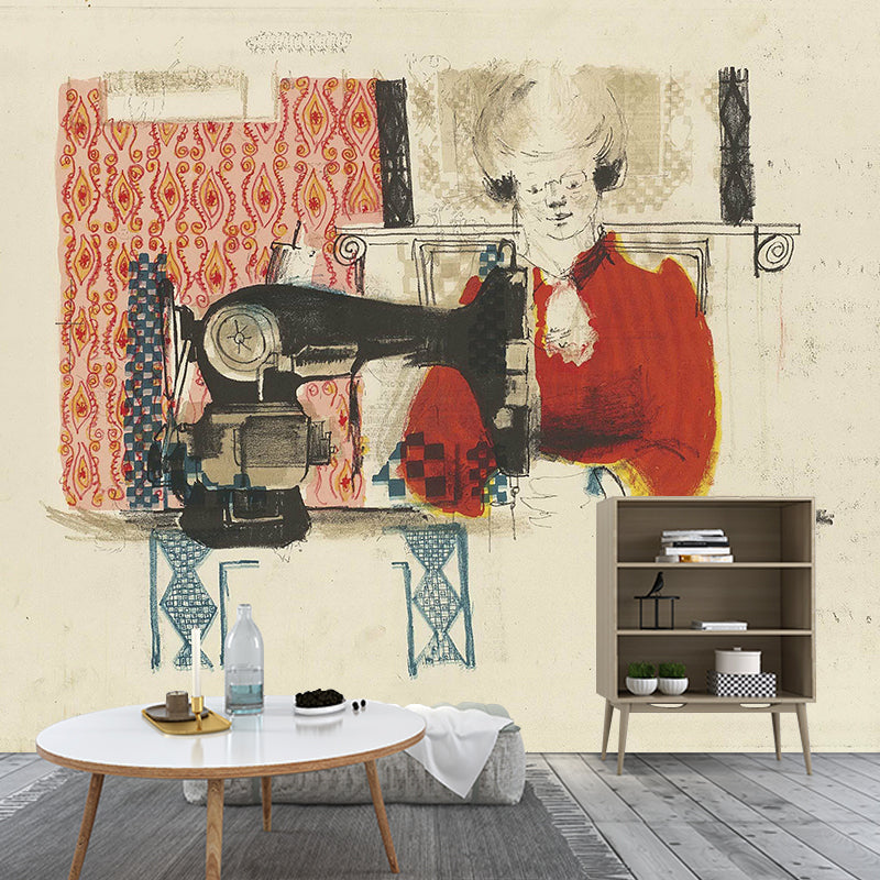 Frendorf | Pastel Kleur Art Deco Muurschilderingen Volledige Afmeting Vrouw met Naaimachine Tekening Wandbekleding voor Thuis