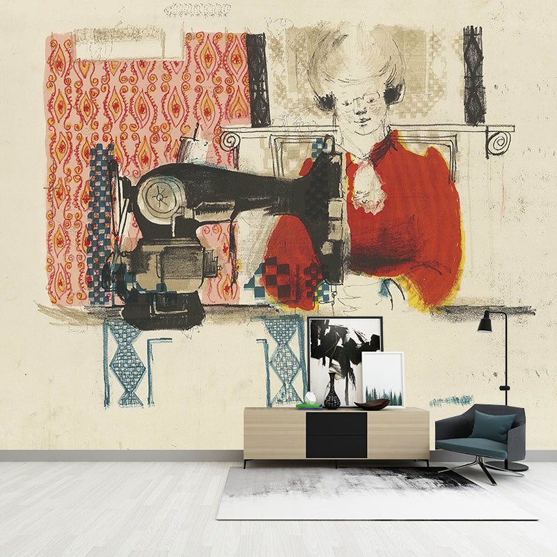 Frendorf | Pastel Kleur Art Deco Muurschilderingen Volledige Afmeting Vrouw met Naaimachine Tekening Wandbekleding voor Thuis
