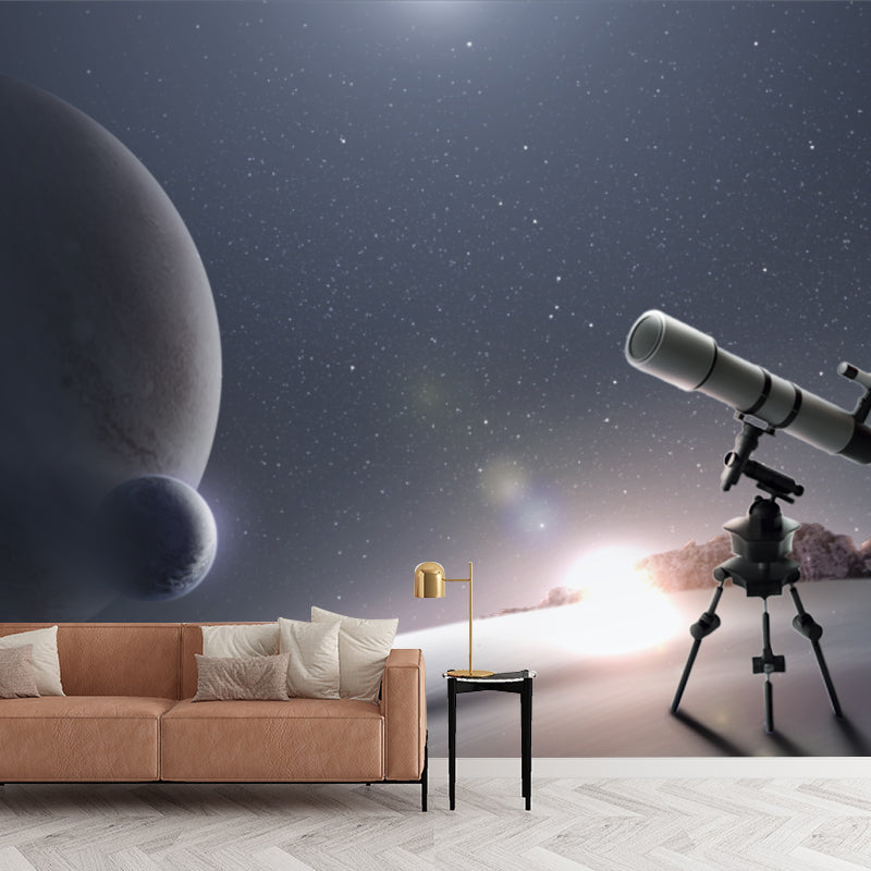 Cooles Teleskop- und Globus-Wandbild für das Wohnzimmer, Blau und Weiß, Maßanfertigung