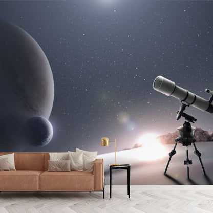 Cooles Teleskop- und Globus-Wandbild für das Wohnzimmer, Blau und Weiß, Maßanfertigung