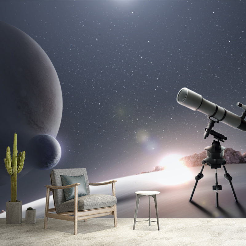 Cooles Teleskop- und Globus-Wandbild für das Wohnzimmer, Blau und Weiß, Maßanfertigung