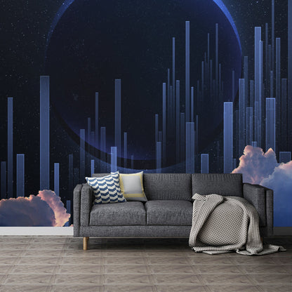 Frendorf | Fictieve Maan Eclips Stad Muren Decal Blauwe Slaapkamer Wandkunst, Maat Op Maat Beschikbaar
