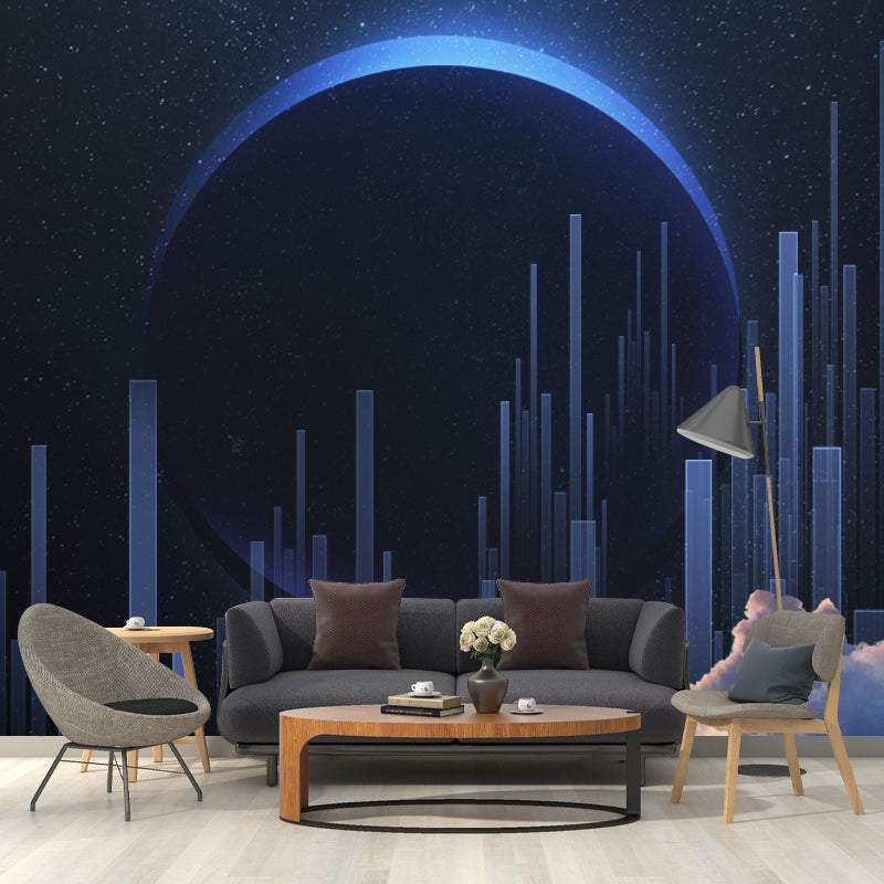 Frendorf | Fictieve Maan Eclips Stad Muren Decal Blauwe Slaapkamer Wandkunst, Maat Op Maat Beschikbaar