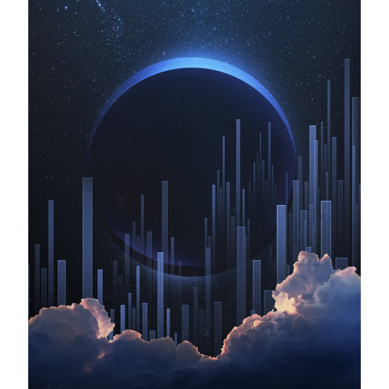 Frendorf | Fictieve Maan Eclips Stad Muren Decal Blauwe Slaapkamer Wandkunst, Maat Op Maat Beschikbaar
