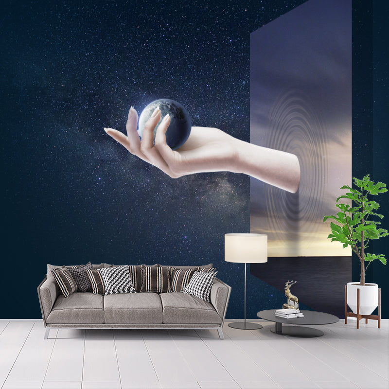 Frendorf | Große Sci-Fi Wandtapete Blau Hand bricht Fenster mit Erdball Wandkunst, Maßanfertigung