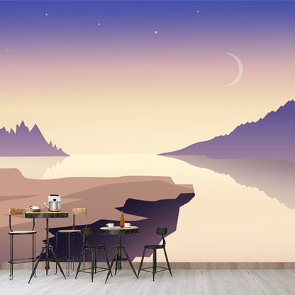 Frendorf | Non-Woven Fleckenresistente Wand Moderne Fluss und Mond Nachthimmel Sternenhimmel Print Wandkunst in Lila-Gelb