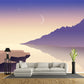 Frendorf | Non-Woven Fleckenresistente Wand Moderne Fluss und Mond Nachthimmel Sternenhimmel Print Wandkunst in Lila-Gelb