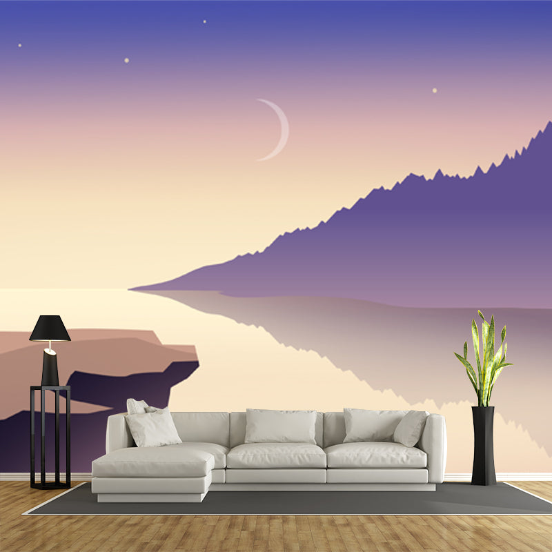 Frendorf | Non-Woven Fleckenresistente Wand Moderne Fluss und Mond Nachthimmel Sternenhimmel Print Wandkunst in Lila-Gelb