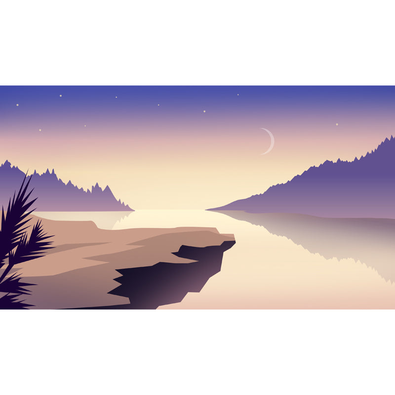 Frendorf | Non-Woven Fleckenresistente Wand Moderne Fluss und Mond Nachthimmel Sternenhimmel Print Wandkunst in Lila-Gelb