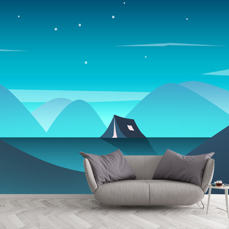 Frendorf | Grote Tent in Bergmuur voor Slaapkamer Nacht Heldere Sterren Muurdecor in Aqua, Waterdicht