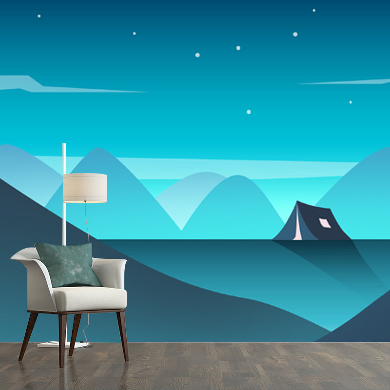 Frendorf | Grote Tent in Bergmuur voor Slaapkamer Nacht Heldere Sterren Muurdecor in Aqua, Waterdicht