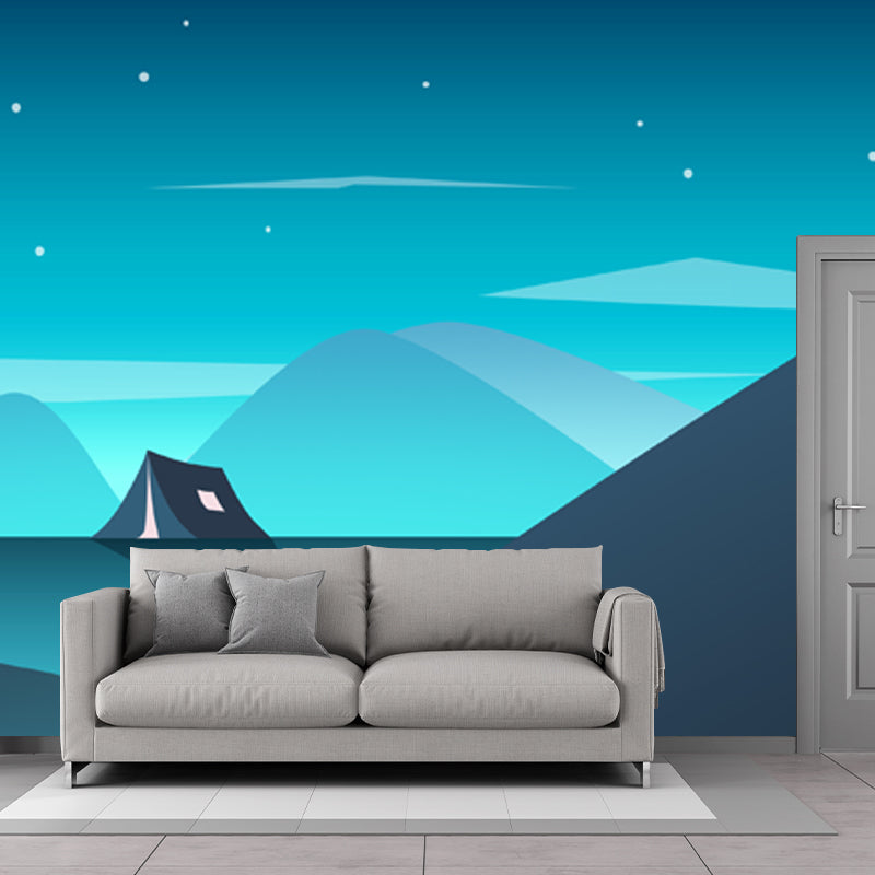 Frendorf | Grote Tent in Bergmuur voor Slaapkamer Nacht Heldere Sterren Muurdecor in Aqua, Waterdicht