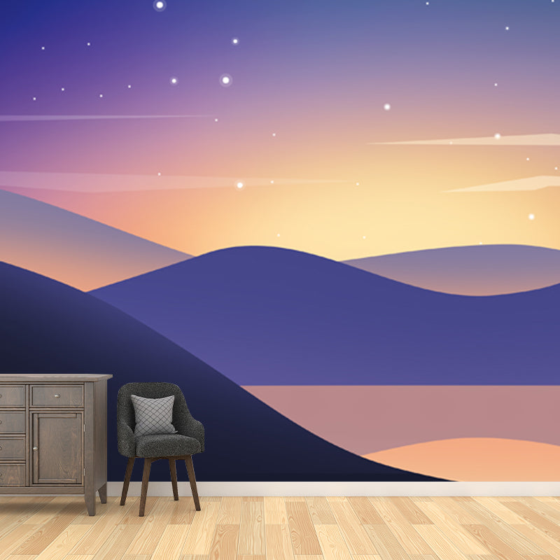 Frendorf | Modern Nachtflussansicht Wandbild Lila-Gelbe Funkelnde Sterne Wandverkleidung für Zuhause
