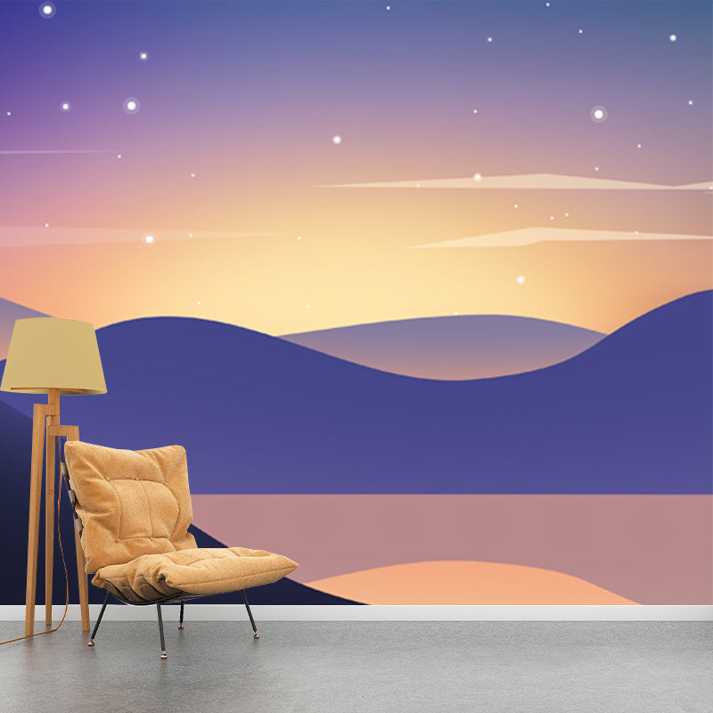 Frendorf | Modern Nachtflussansicht Wandbild Lila-Gelbe Funkelnde Sterne Wandverkleidung für Zuhause