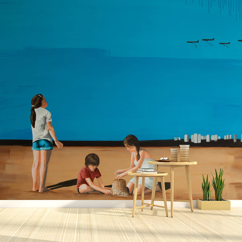 Frendorf | Artistieke Kinderbehang Muurdecoratie met Have Fun at Beach Schilderij Blau-Bruin Wandbekleding