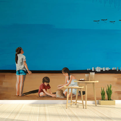 Frendorf | Artistieke Kinderbehang Muurdecoratie met Have Fun at Beach Schilderij Blau-Bruin Wandbekleding