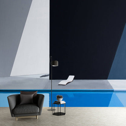 Frendorf | Illustratie Pool en Stoel Muur Decal voor Woonkamer, Zwart-Blauw, Aangepaste Grootte