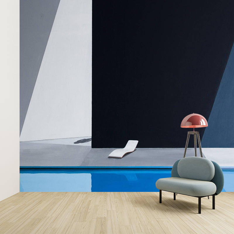 Frendorf | Illustratie Pool en Stoel Muur Decal voor Woonkamer, Zwart-Blauw, Aangepaste Grootte