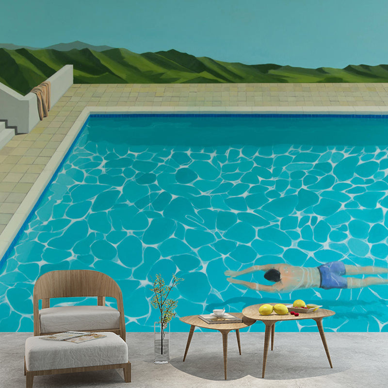 Frendorf | Borstcrawl Zwem Muren Behang Blauw Artistieke Wandbekleding voor Woonkamer