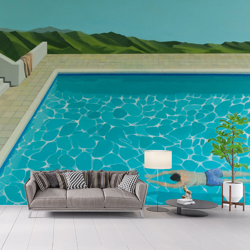 Frendorf | Borstcrawl Zwem Muren Behang Blauw Artistieke Wandbekleding voor Woonkamer