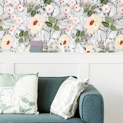 Klebendes Big Peony Blossom Wallpaper für Treppen 34,2 qm Wandkunst in Grau-Weiß, abnehmbar