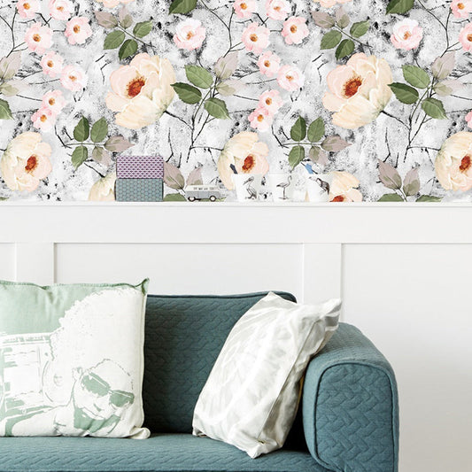 Klebendes Big Peony Blossom Wallpaper für Treppen 34,2 qm Wandkunst in Grau-Weiß, abnehmbar