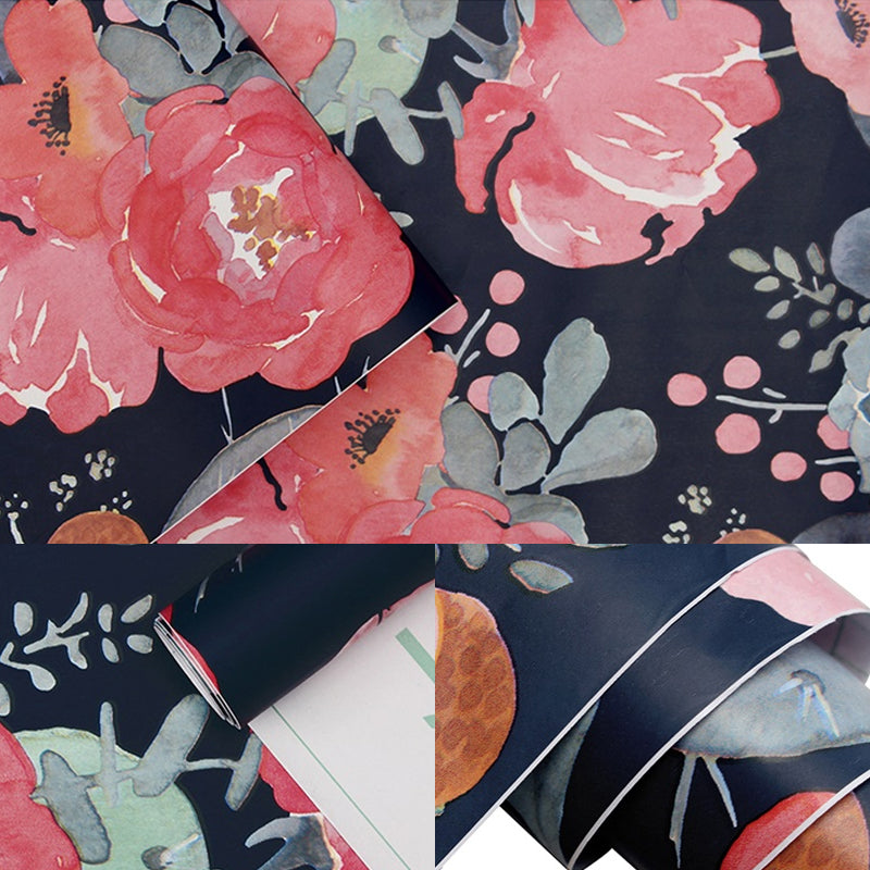 Ländliche Aquarell-Päonien-Tapeten PVC Temporär Abziehbar und Anbringen Mehrfarbige Wandverkleidung für Zuhause