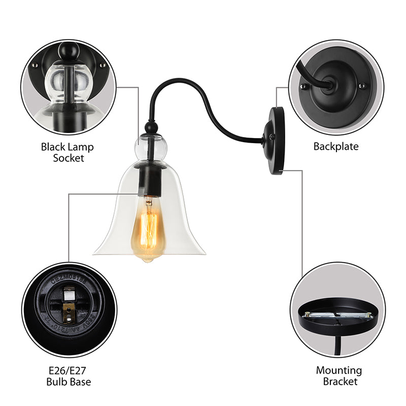 Frendorf | Bell Schlafzimmer Wandlichttragschale Industriell Klar/Grün/Rauchglas 1 Licht Schwarze Wandleuchte mit Gänsehautarm