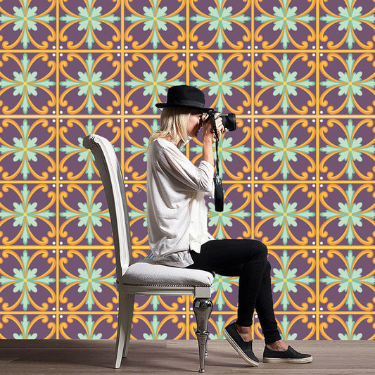 Frendorf | Boho Iris Flowers Wallpaper Panel Oranje-Paars Peel and Stick Wanddecoratie voor Woonkamer