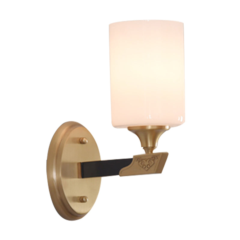Frendorf | 1/2-Head Zylindrische Wandleuchte Traditionell Schwarz-Gold Weißes Glas Wandmontage Lichtarmatur