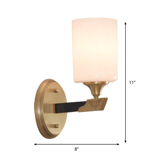 Frendorf | 1/2-Head Zylindrische Wandleuchte Traditionell Schwarz-Gold Weißes Glas Wandmontage Lichtarmatur