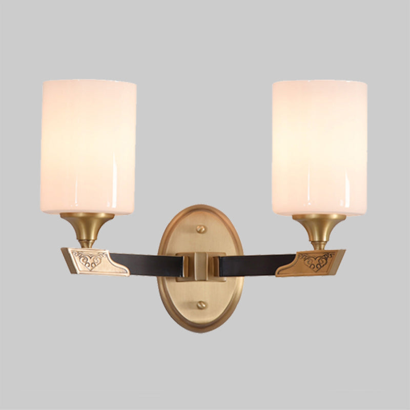 Frendorf | 1/2-Head Zylindrische Wandleuchte Traditionell Schwarz-Gold Weißes Glas Wandmontage Lichtarmatur
