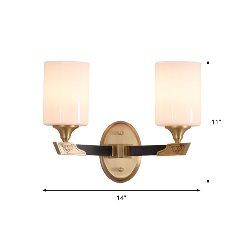 Frendorf | 1/2-Head Zylindrische Wandleuchte Traditionell Schwarz-Gold Weißes Glas Wandmontage Lichtarmatur