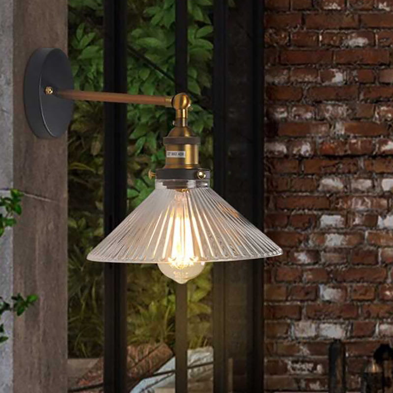 Frendorf | Klar Ribbed Glas Cone/Blumen Wandlampe Industriell 1 Licht Wohnzimmer Beleuchtung Fixture in Messing Für Esszimmer