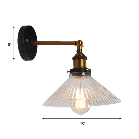Frendorf | Klar Ribbed Glas Cone/Blumen Wandlampe Industriell 1 Licht Wohnzimmer Beleuchtung Fixture in Messing Für Esszimmer